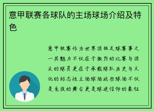 意甲联赛各球队的主场球场介绍及特色